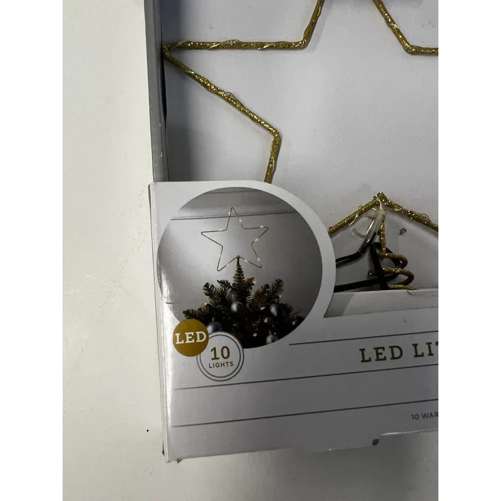 Star Christmas Tree Topper Gold Light Up 10in LED Lit Dewdrop Glitter Metal Open